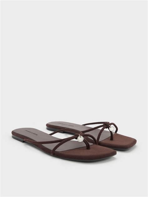 Dark Brown Textured Faux Suede Metallic-Charm Strappy Thong Sandals ...