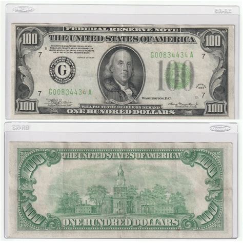 Rare 1934 100 One Hundred Dollar Federal Reserve Note Light Green Seal ...