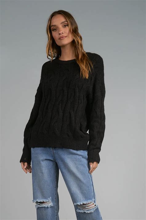 Elan Jolly Black Cable Knit Sweater at Maria Vincent Boutique