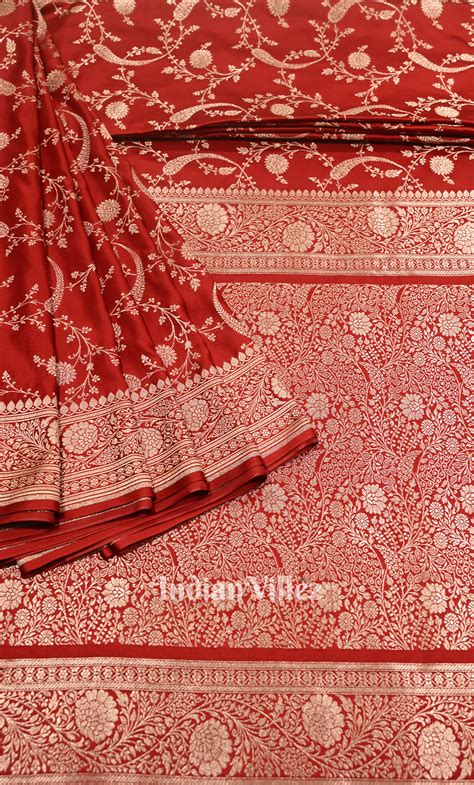 Bright Red Mashru Satin Silk Banarasi Saree With Jaal Pattern ...
