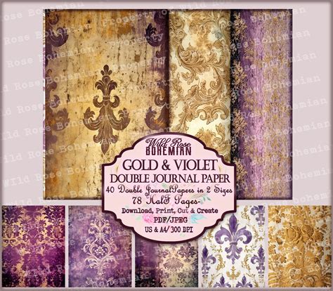 Purple and Gold Digital Printable Paper, Damask Violette and Gold ...