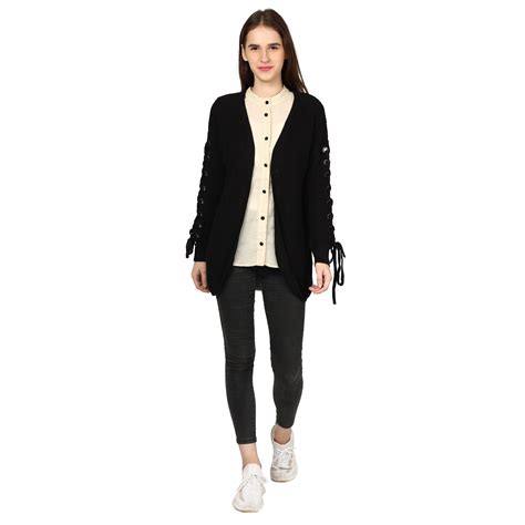 Acrylic Full Sleeve Shawl Neck Ribbed Knitted Black Shrug – NoBarr