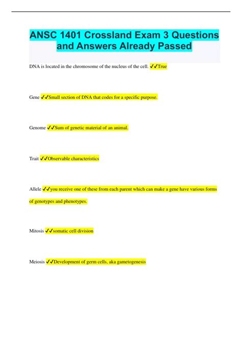 ANSC 1401 Crossland Exam 3 Questions and Answers Already Passed - ANSC ...