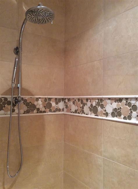 12x24 Porcelain Tile Shower Walls with Glass and Stone Accent