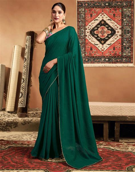 Green Vichitra Silk Lace Plain Saree – Sudathi