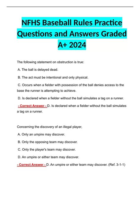 NFHS Baseball Rules Practice Questions and Answers Graded A+ 2024 ...