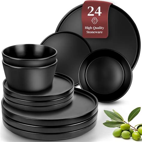 Matte Black Dinnerware Set - Ultra Chic Stoneware for 8 - 24pcs Plate ...