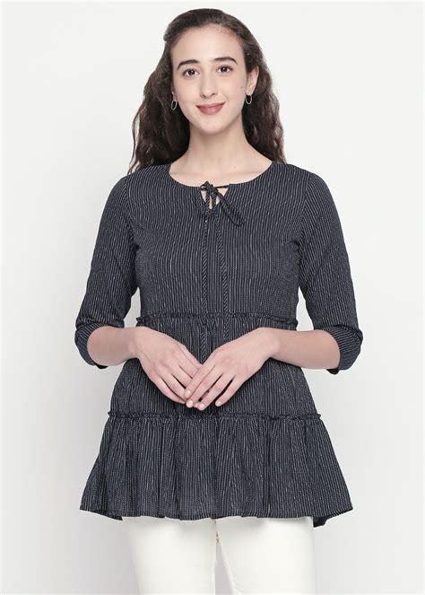 Get Neck Tie Detail Navy Printed Layered Top at ₹ 525 | LBB Shop