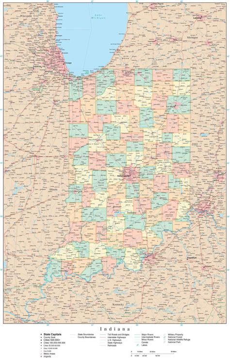 Indiana State Map in Adobe Illustrator Vector Format. Detailed ...