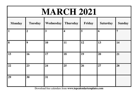 March Calendar 2021 Printable - Printable Word Searches