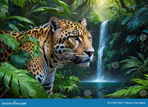 The Elusive Jaguar in Radiant Rainforest, Surrounded by Green Lush, Verdant, and Tranquil ...