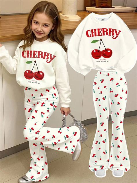 2pcs/Set Teen Girl Casual Vintage School Style Cute Cherry Print Loose ...