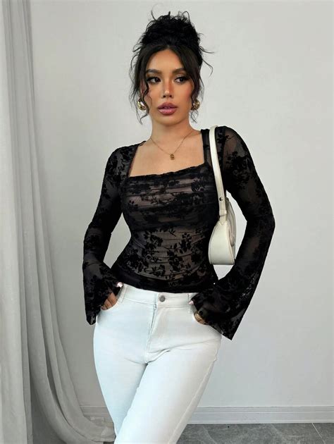 Elenzga Women's Floral Flocked Mesh Square Neck Long Sleeve Elegant T ...