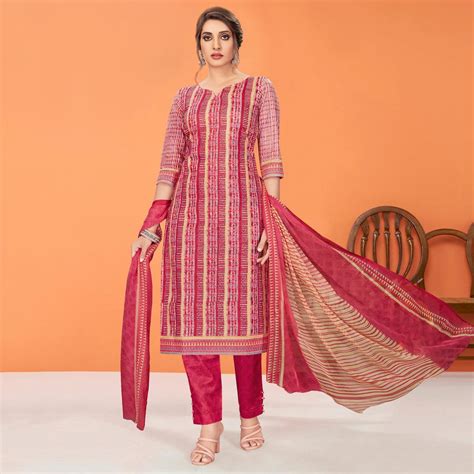 Pink Printed Cotton Blend Dress Material