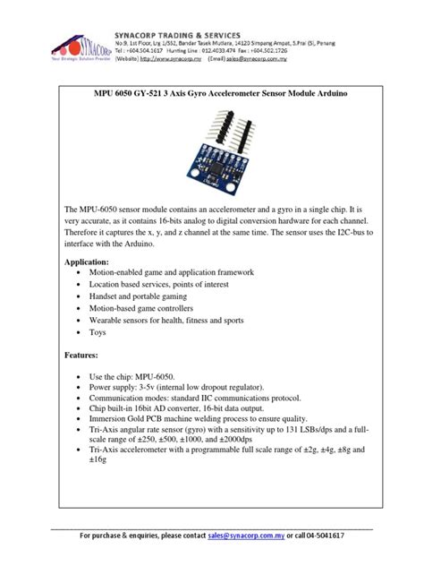 MPU 6050 GY-521 Datasheet | PDF | Accelerometer | Gyroscope