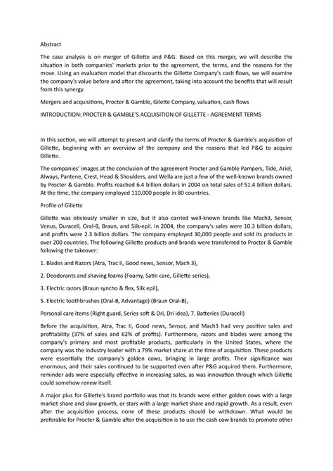 Abstract - MM1 - Abstract The case analysis is on merger of Gillette ...