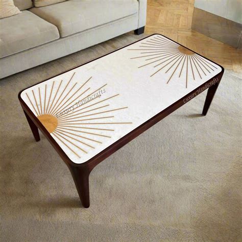 Starburst Marble Brass Inlay Rectangular Coffee Table Walnut Finish ...