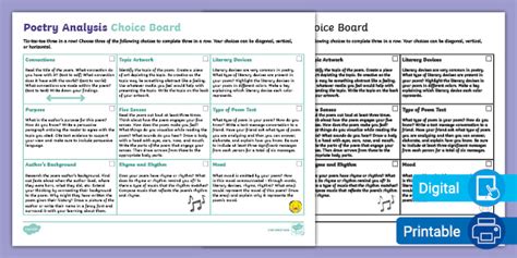 Poetry Analysis Activities Choice Board - ELA Grades 3-5