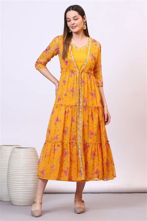 Buy Yellow Solid Cotton Blend A-line Dress and Floral Printed Gilet ...
