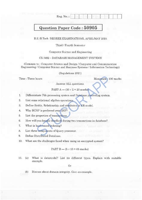 Dbmsquestion paper 1 - easy for understanding - Reg. No. : Question ...