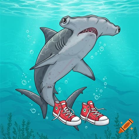 Cartoon shark wearing blue Nike sneakers running on a beach near the ...