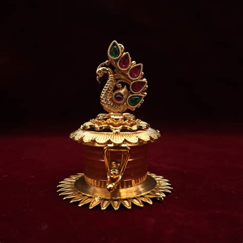 ANTIQUE GOLD KEMP PEACOCK HALDI/KUMKUM BOX - SINDOOR DABBI
