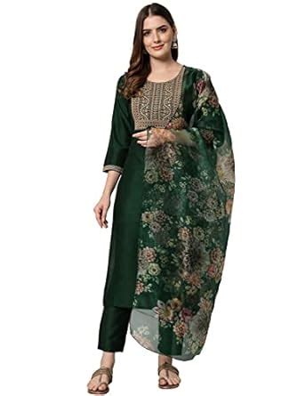 VredeVogel Women's Embroidered Cotton Silk Blend Kurta Pant and Dupatta ...