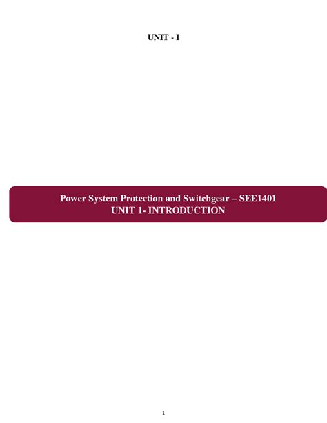 PSP EEE 1401 Unit I: Power System Protection & Switchgear Overview ...