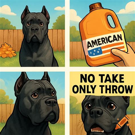 A four-panel cartoon meme features a black Cane Corso. It shows the dog ...