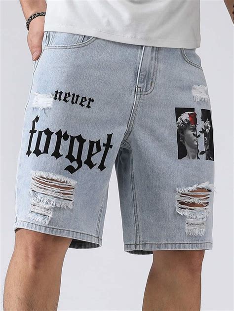 Manfinity EMRG Men Figure Letter Graphic Ripped Denim Shorts Baggy ...