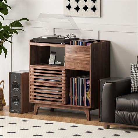 Record Player Stand with Vinyl Storage and Charging Station Mid Century ...