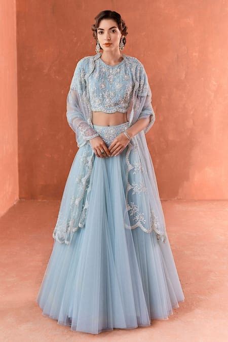 Buy Blue Net Embroidered Cutdana Round Citrus Lehenga Set For Women by ...