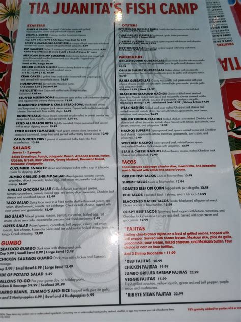 Menu at Tía Juanitas Fish Camp Port Arthur restaurant, Port Arthur