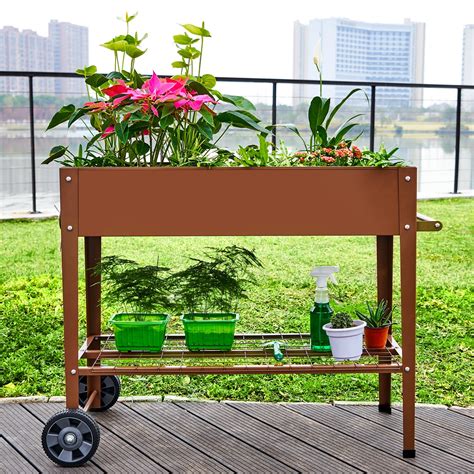 Buy EXCITED WORK Brown Mobile Metal Raised Garden Bed, Outdoor/Indoor ...