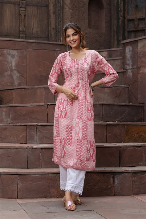 Women Peach-Coloured Ethnic Motifs Printed Sequinned Pure Cotton Kurta ...