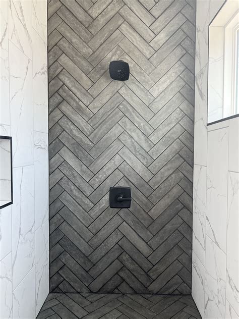 Beautiful Primary Shower with Custom Gray Herringbone Tile