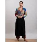 Navy Blue Kantha Embroidered Cotton Silk Top with Black Pants- Set of 2