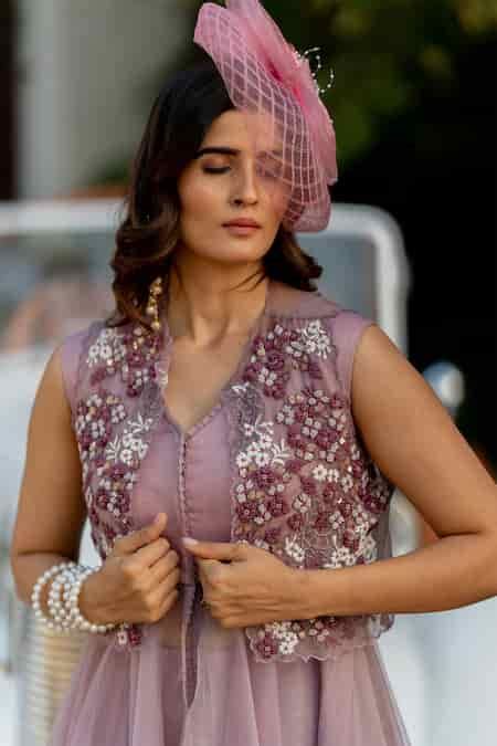 Buy Purple Silk, Organza Beads, Tassels, Embroidery V-neck Shrug With ...