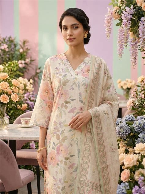Neerus Beige Floral Printed Linen Straight Suit Set - Kurta + Bottom ...