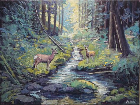 Original Oil Painting of Deer in the Forest | Chairish