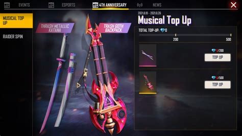 Free Fire New Musical Top Up: Free Thrash Metallic Katana And Trash ...
