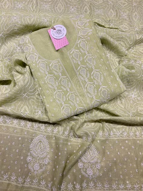 Green Chanderi mul Chikankari kurta and Dupatta set