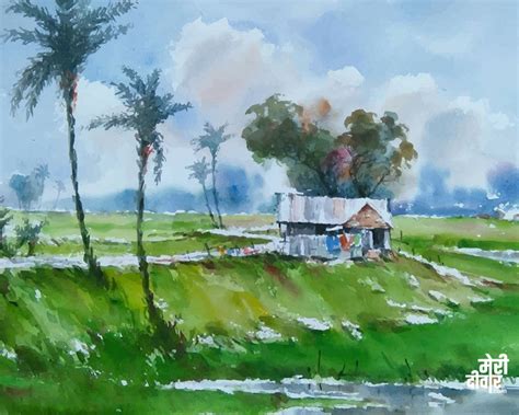 Indian village hut, watercolor painting. – MeriDeewar