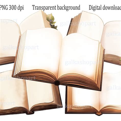 Vintage Open Books Clip Art: Set 5 Digital Antique PNG Images of Blank ...