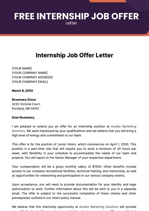 Free Internship Job Offer Letter Template to Edit Online