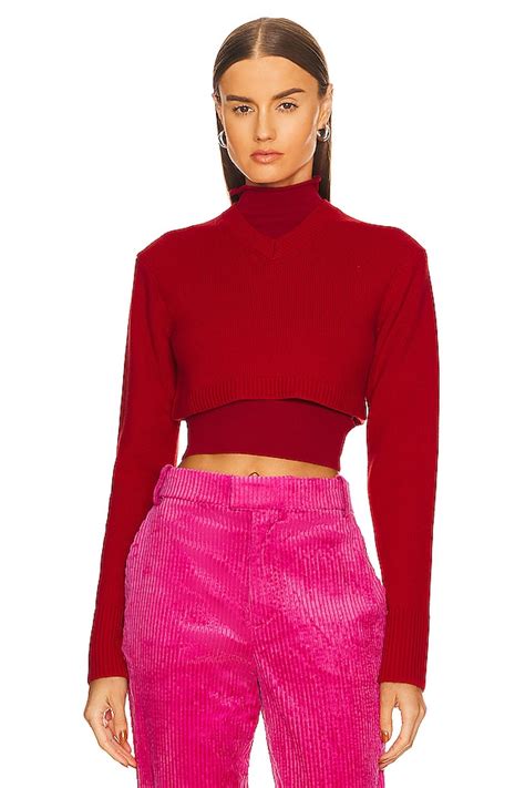 L'Academie Patton Micro Cropped V Neck Sweater in Red | REVOLVE