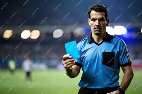 Premium AI Image | Referee Holding Blue Card on Football Match Field