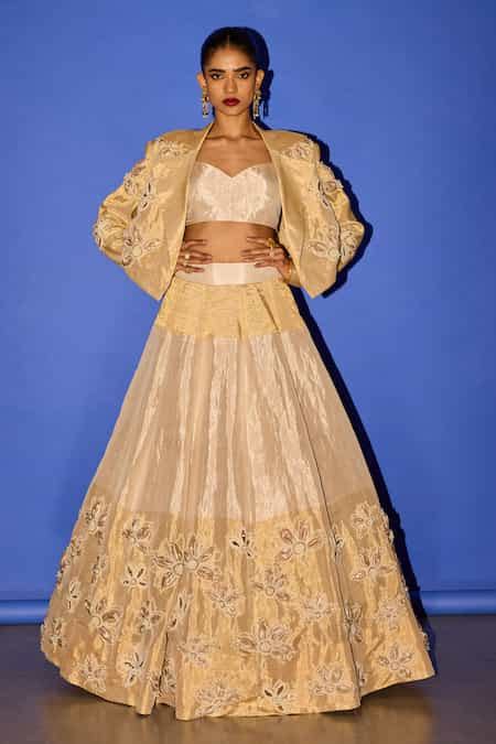 Buy Gold Tissue, Silk, Linen Pearls Collared Floral Embroidered Blazer ...