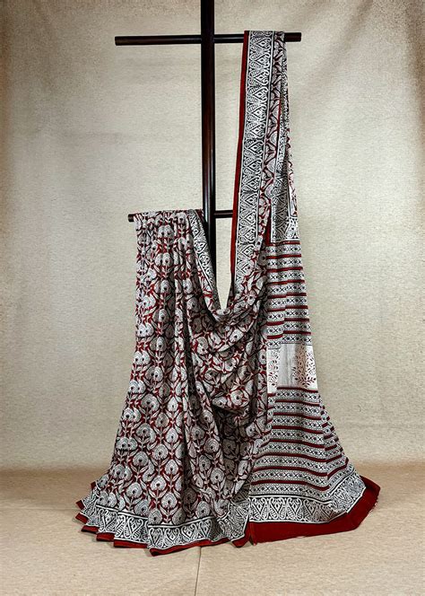 Hand block printed cotton saree brick red with offwhite and black prin ...