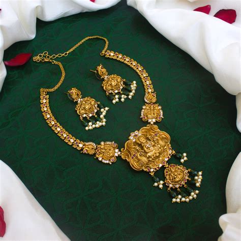 Real Antique Gold Look Mahalakshmi Devi Double Layer Pendant AD Kemp B ...